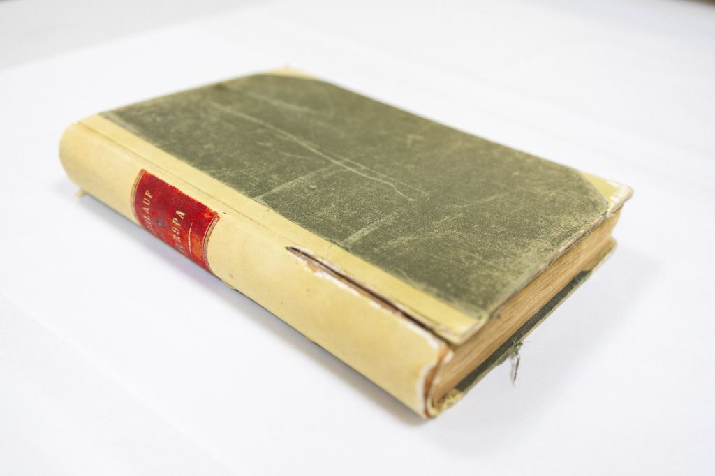 Auf einem Tisch auf weissem Papier liegt ein Buch, das ungefähr ein A3-Format ist. Der Deckel des Buches ist grün und etwas abgewetzt. Der Rücken des Buches ist gelblich und ist etwas eingerissen. Auf dem Rücken ist ein rotes Label, auf dem in gelber Schrift etwas steht, das man aber nicht lesen kann.