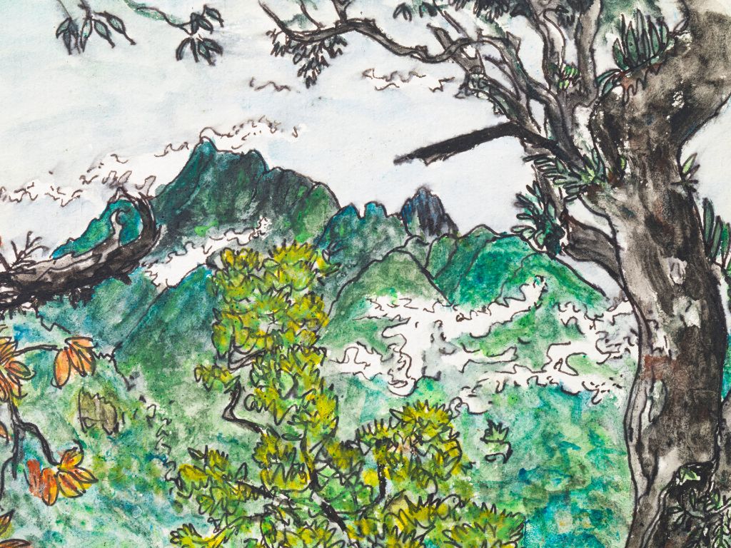 Landschaftsbild, im Vordergrund ein grüner Busch, am rechten Rand ein dunkler Baumstamm, im Hintergrund ein Gebirge.