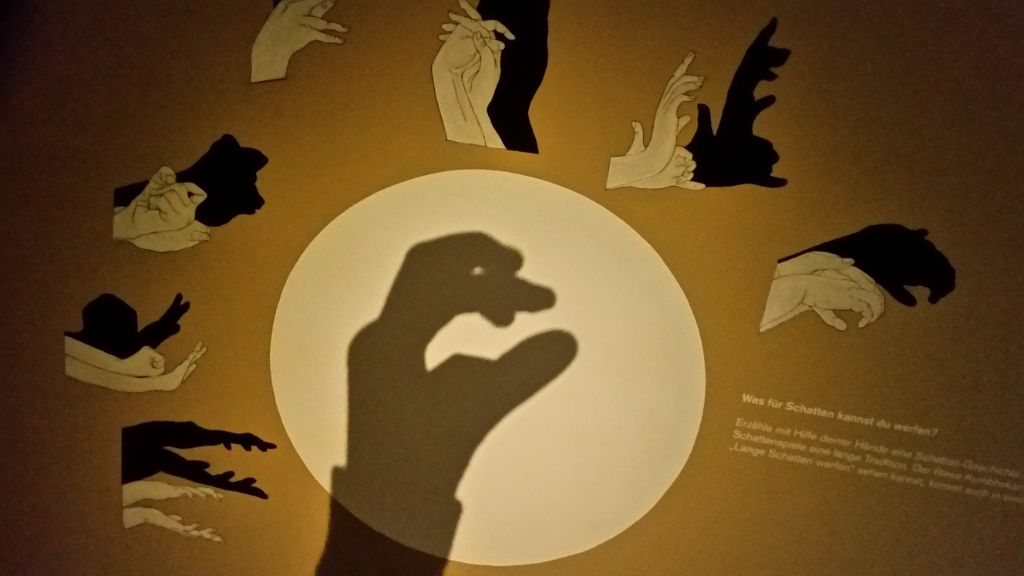 Auf dem Bild ist eine Hand zu sehen, die eine Schattenfigur bildet über einem hellen Kreis. Rund herum sind Anweisungen zu sehen, wie man Schattenfiguren macht.