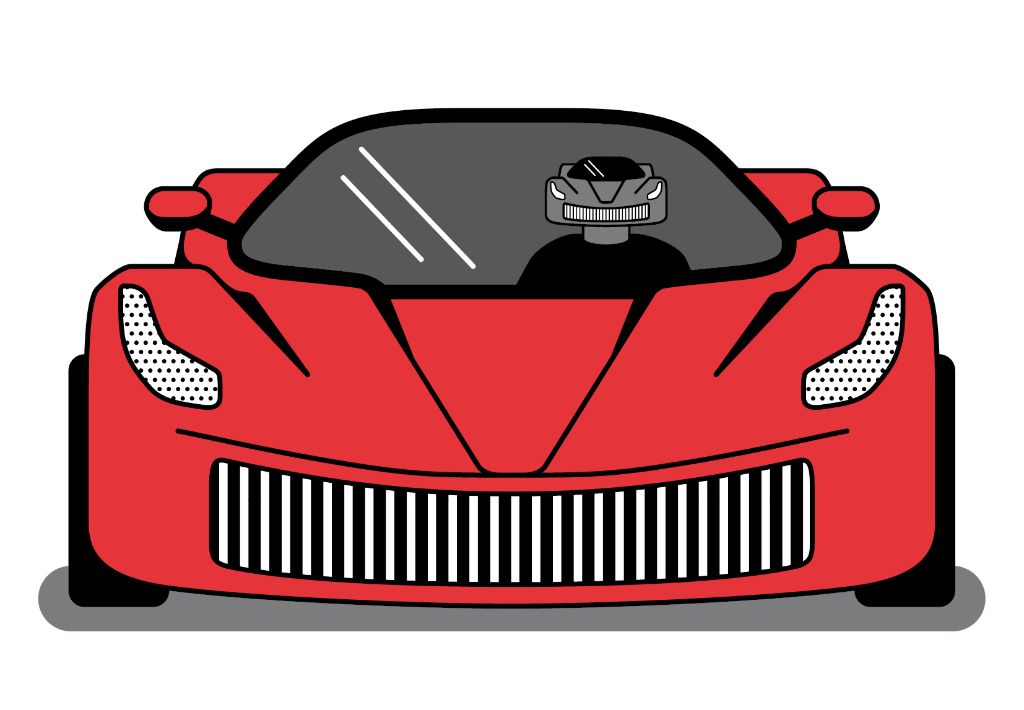 Der rote Sportwagen schaut grimmig – genauso wie der Fahrer.