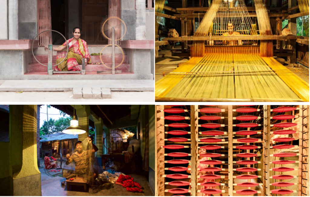 Zu sehen ist eine Collage aus vier Fotos aus dem bengalischen Dorf: Links oben sitzt eine Frau auf einer Treppe mit Spinnrädern. Rechts oben webt ein Mann an einem Webstuhl. Links unten kontrolliert ein Mann einen der hauchdünnen Schals, rechts unten schaut eine Frau auf rote Fadenspulen