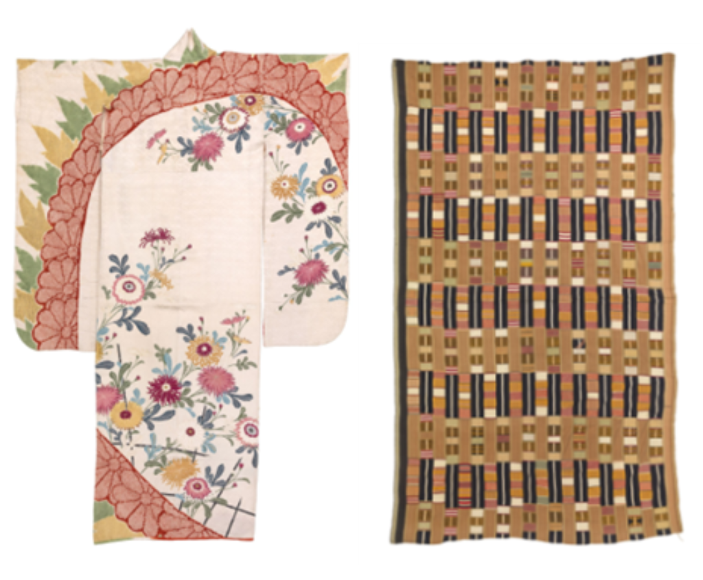 Es sind zwei Fotos zu sehen. Links ist ein Kimono abgebildet, rechts ein Kente-Tuch