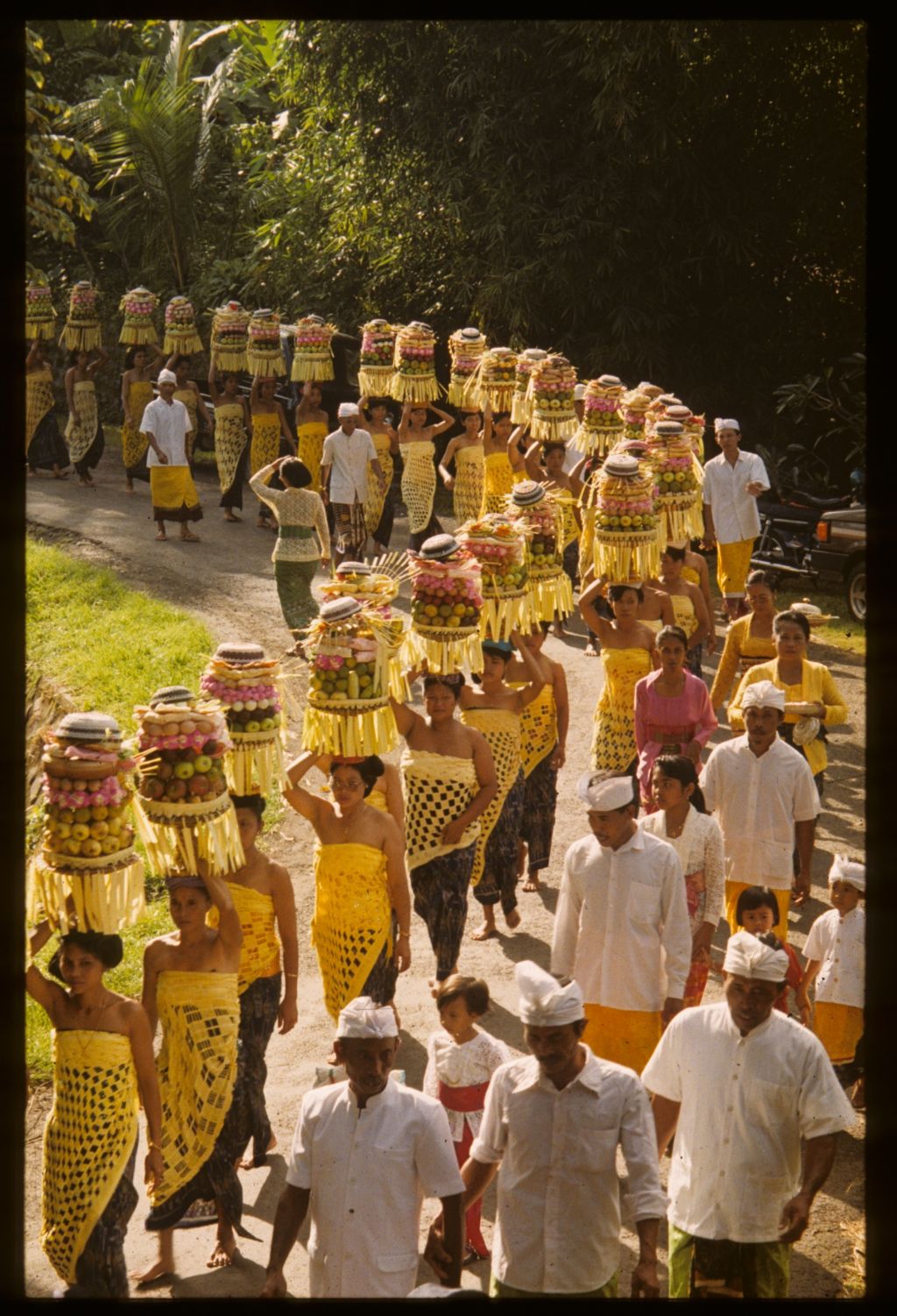 Eine lange Reihe von Frauen gehen in einen Tempel. Sie sind gelb gekleidet und tragen volle Körbe auf den Köpfen