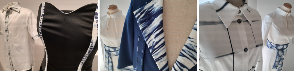 Auf einer Collage aus drei Fotos sind Details von Kleidern zu sehen. Ganz links ein Herrenhemd, gefolgt von einer Corsage. In der Mitte ein Sakko und rechts zwei Damenkleider. Fast alle sind weiss oder blau mit blau-weissen Shibori-Mustern .