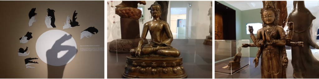 Es ist eine Collage aus drei Bildern: links zeigt ein Foto Schattenspiele, die in der Ausstellung «GROSS» gemacht werden können. In der Mitte sitzt ein Buddha und auf dem rechten Bild ist eine Göttefigur zu sehen, die spezifische Handbewegungen macht.