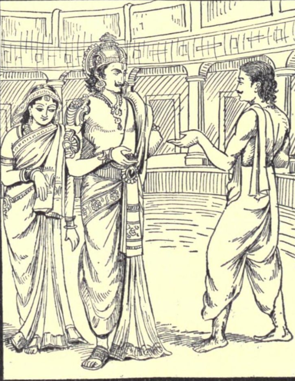 Auf dem Bild hält Arjuna rechts im Bild - mit Schnauz - um die Hand von Chitrangada an. Sie steht links im Bild, hinter ihrem Vater. Alle drei stehen in einem Palast.