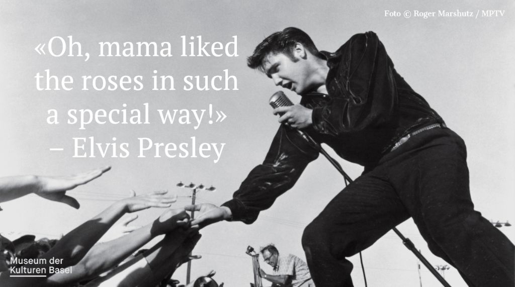 In diesem Bild von Roger Marshvitz steht Elvis, voll in seinem Element, auf der Bühne und singt. Daneben steht eine Textpassage aus seinem Song «Mama liked the Roses», die so geht: «Mama liked the Roses in such a special way.»