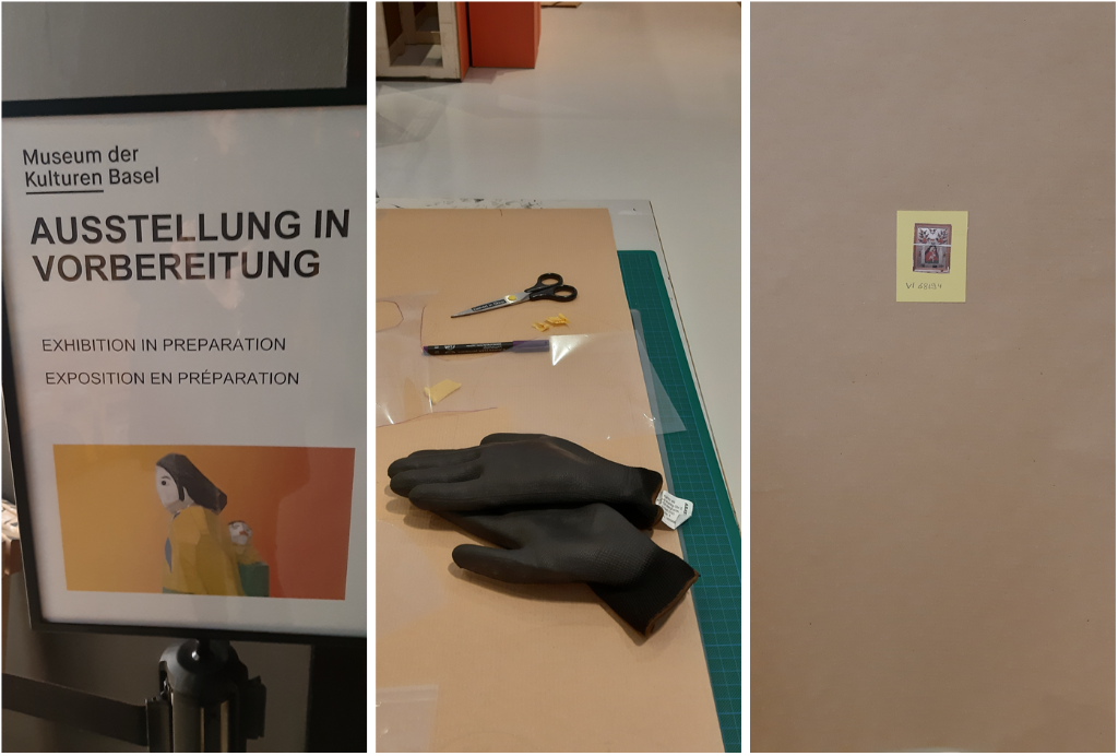 Das Foto ist eine Collage aus drei Fotos. Links ist ein Ständer zu sehen, auf dem ein Plakat hängt, das besagt, dass hier eine Ausstellung in Vorbereitung ist. In der Mitte ist ein Tisch zu sehen, auf dem Werkzeug und Handschuhe liegen. Rechts hängt ein kleines Post-it mit einem Mini-Bildchen auf einem Packpapier an einer Wand.