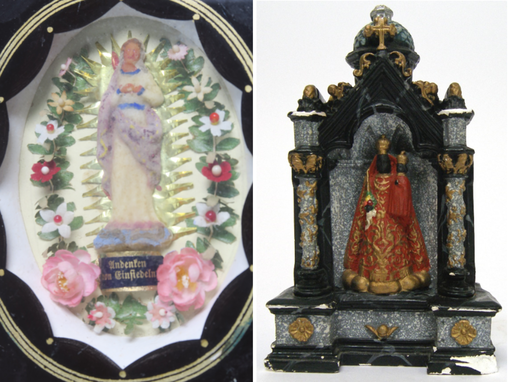 Links eine Art Teller in dem eine Maria aufgemalt ist, umgeben von Blumen. Rechts eine Art kleiner Altar mit rotgekleideter Maria im Zentrum