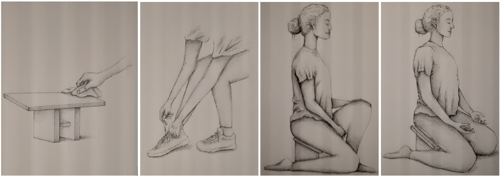 Collage aus vier Bildern: Das erste zeigt einen Hocker, der desinfiziert wird. Das zweite einen Teil einer Figur mit beinen und Händen, die die Schuhe ausziehen. Das dritte eine Frau, die sich auf einem Hocker niederlässt und das vierte die Frau auf dem Hocker kniend