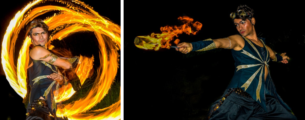 Zwei Fotos sind zu sehen: Links ist Till Schneider, der Feuerkreise in die Nacht zeichnet. Rechts hält er loderende Flammen von sich weg.