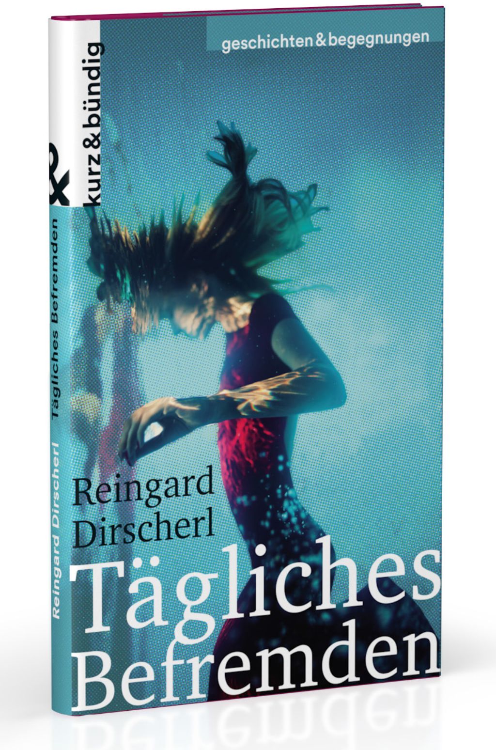 Das Foto zeigt das Buchcover. Es ist blau, mit einer Figur darauf, die sich spiegelt und es sieht so aus, als ob sich die Figur im Wasser befindet