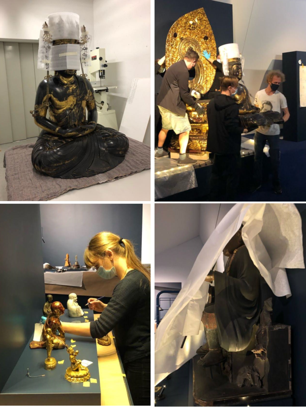 Collage aus vier Bildern: Sie zeigen zwei Buddhas, die noch Plastik um die Köpfe haben und zwei Situationen, wo ein monumentaler Buddha auf ein Podest gehievt wird und eine Szene, wo eine Restauratorin an einem Objekt arbeitet