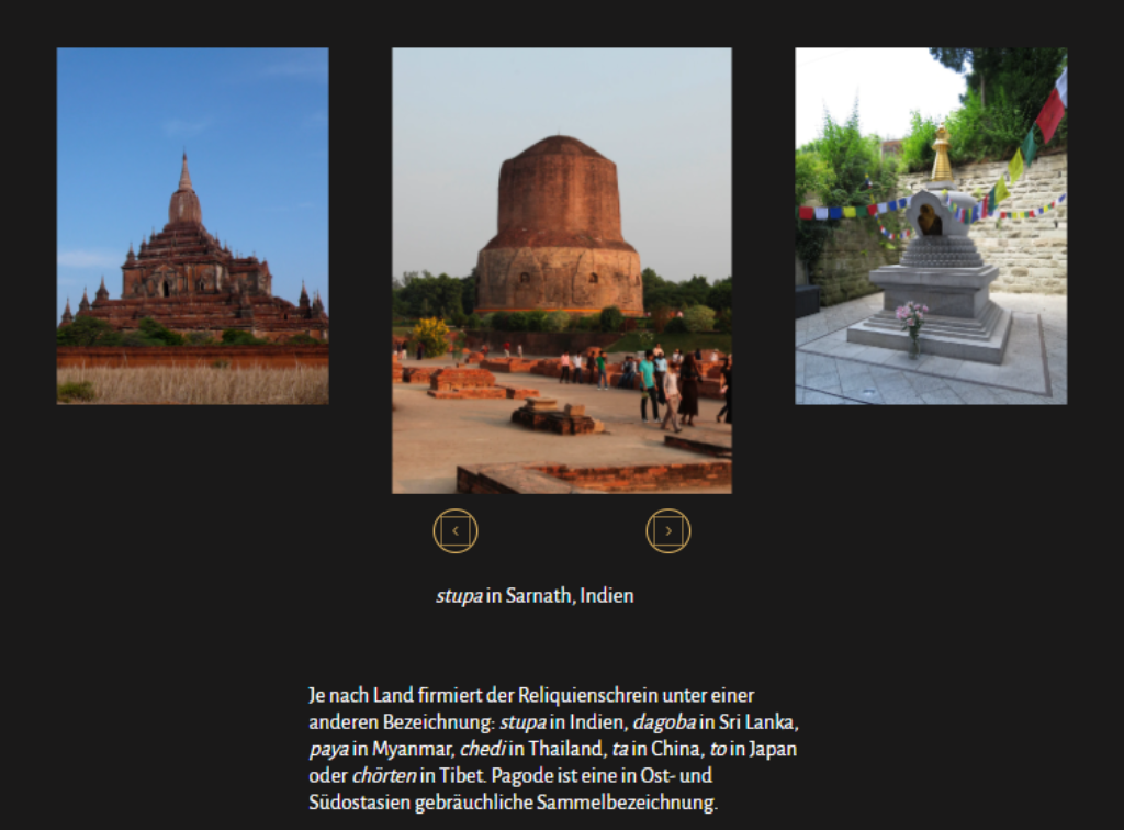 Seite aus dem Digitorial, die einen Slider mit Bildern von stupas zeigt und die Legenden dazu