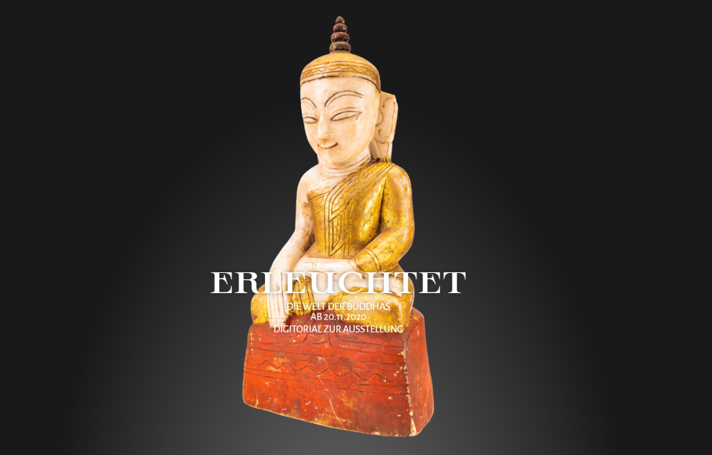 Eine in Gold gekleidete Buddhaskulptur, die auf einem Lotosthron sitzt, davor der Schriftzug Erleuchtet und darunter der Schriftzug Die Welt der Buddhas