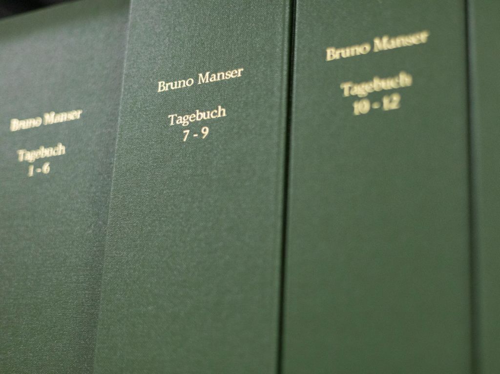 Dunkelgrüne Kartonhüllen mit goldener Schrift: Bruno Manser Tagebuch 7-9 etc.