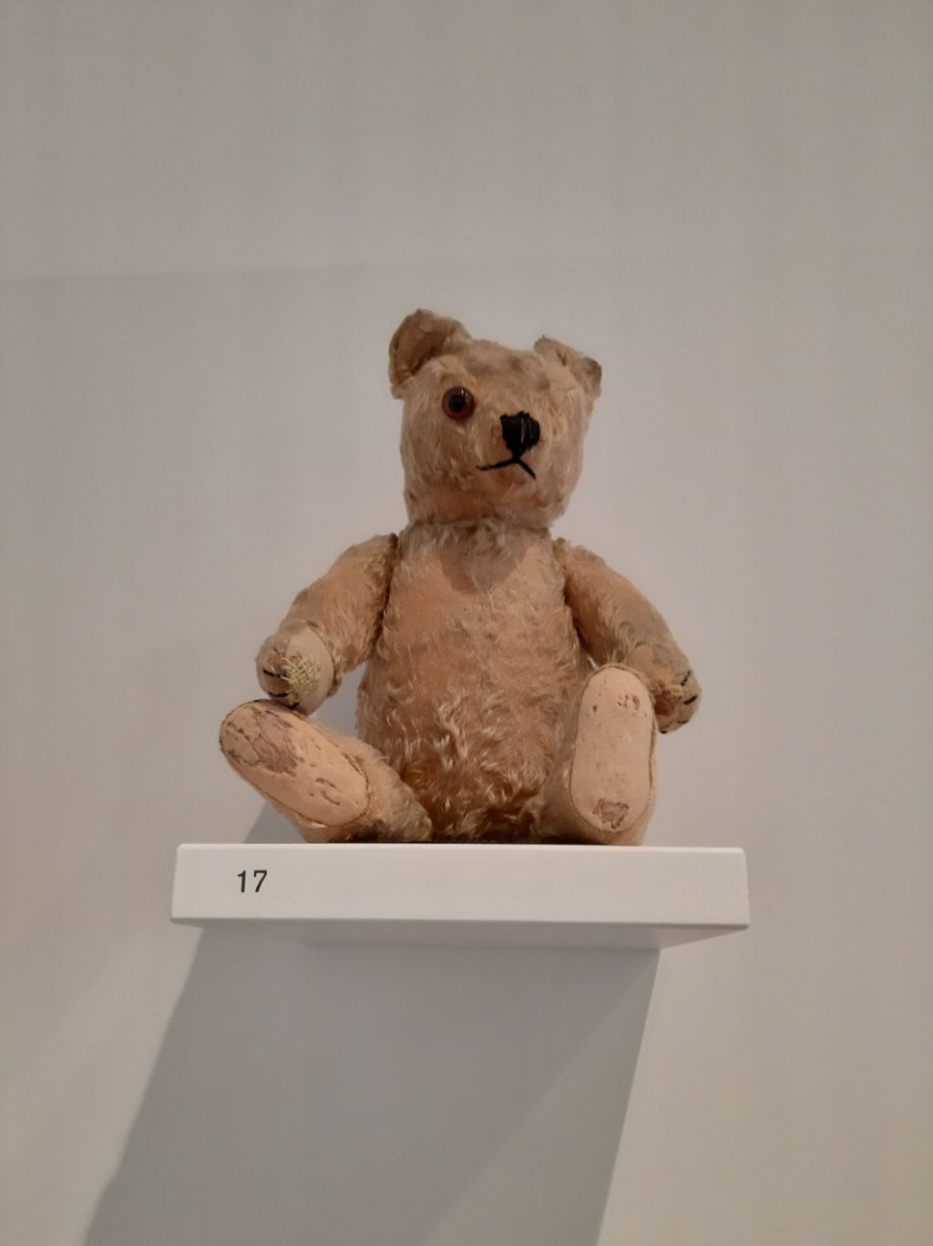 Auf einem weissen Tablar steht ganz klein die Zahl 17. Darauf sitzt ein Teddybär.
