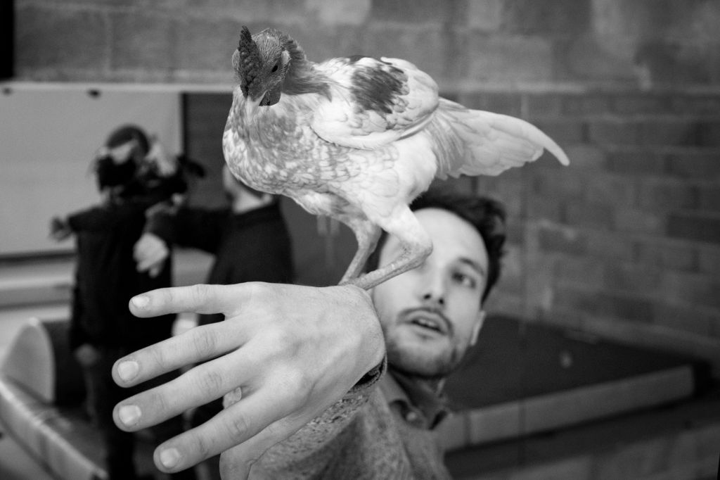 Schwarz-Weiss Bild mit Mann, der ein Huhn auf der Hand hält, welches elegant in die Kamera schaut