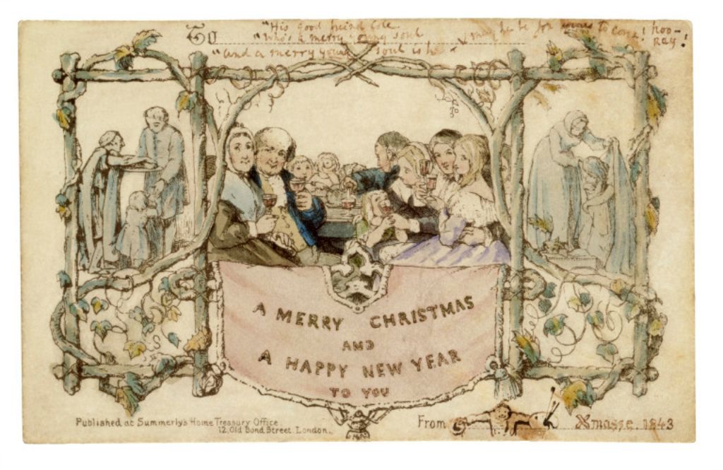 Karte, auf der in der Mitte eine Familie am Tisch sitzt und mit Wein in Gläsern sich zu prostet. Links und rechts sieht man Menschen, die armen Menschen helfen. Auf der Karte steht: Merry Christmas and a happy New Year to you.