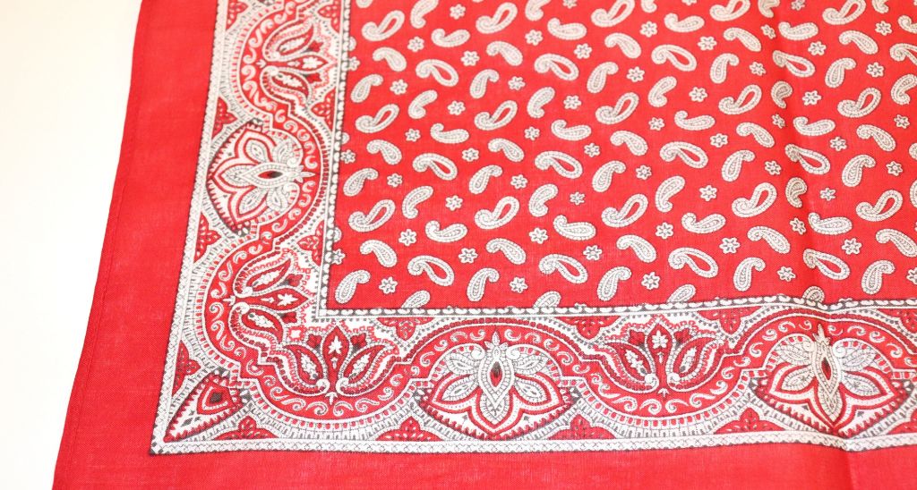 Ausschnitt eines Tuchs mit rotem Rand und Paisly-Muster
