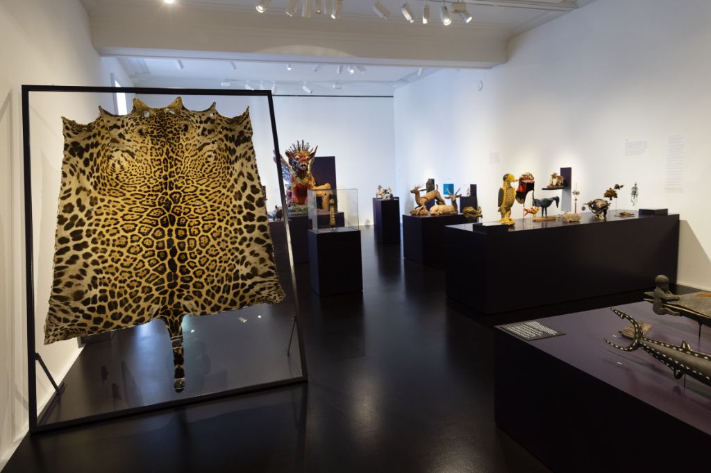 Blick in einen Ausstellungsraum mit dunklem Boden und dunklen Podesten und weissen Wänden. Links in der Mitte befindet sich ein Jaguarfell aufgespannt auf einem dunklen Gestell. Rechts auf den Podesten stehen unterschiedlichste Tierfiguren.