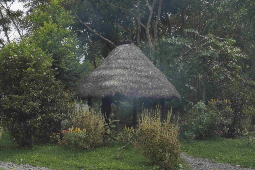 Eine kleine Hütte mit Strohdach steht in einem Garten, der aus Rasen und ein paar Blumen besteht. Dahinter erhebt sich ein Wald.