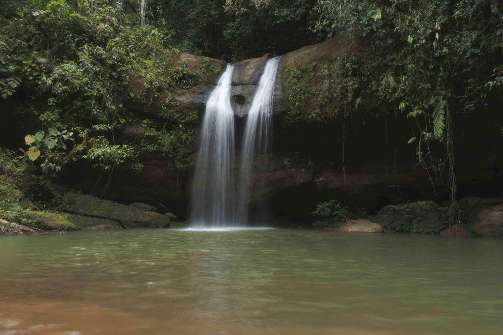 Von einem kleinen Felsen rinnen zwei Wasserfälle hinab in einen Teich.