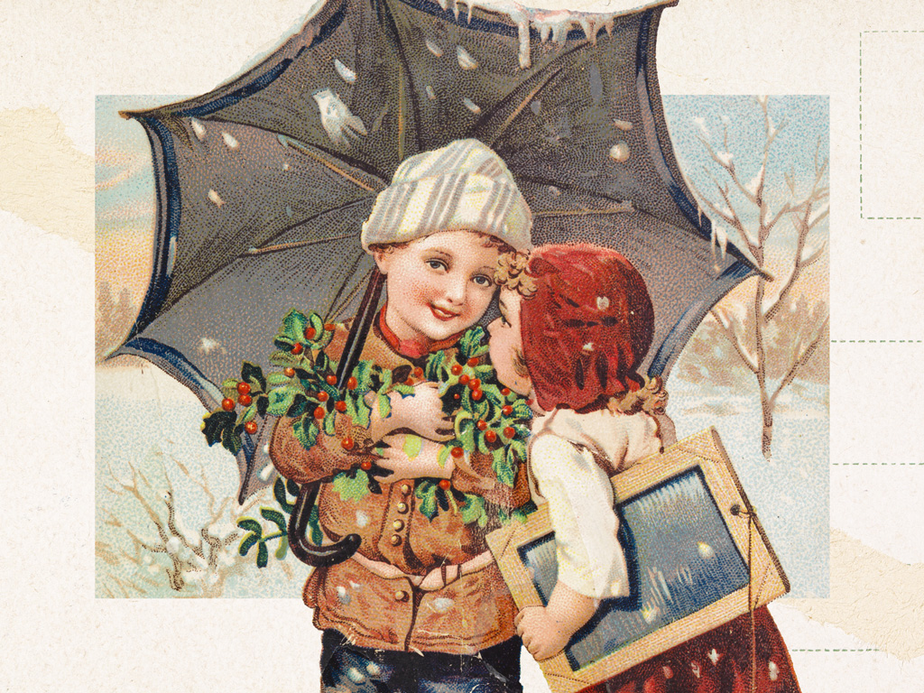 Vorderseite einer nostalgischen Weihnachtskarte: ein kleiner Bub und ein kleines Mädchen stehen unter einem Schirm im Schneeregen, das Mädchen flüstert dem Bub etwas zu.