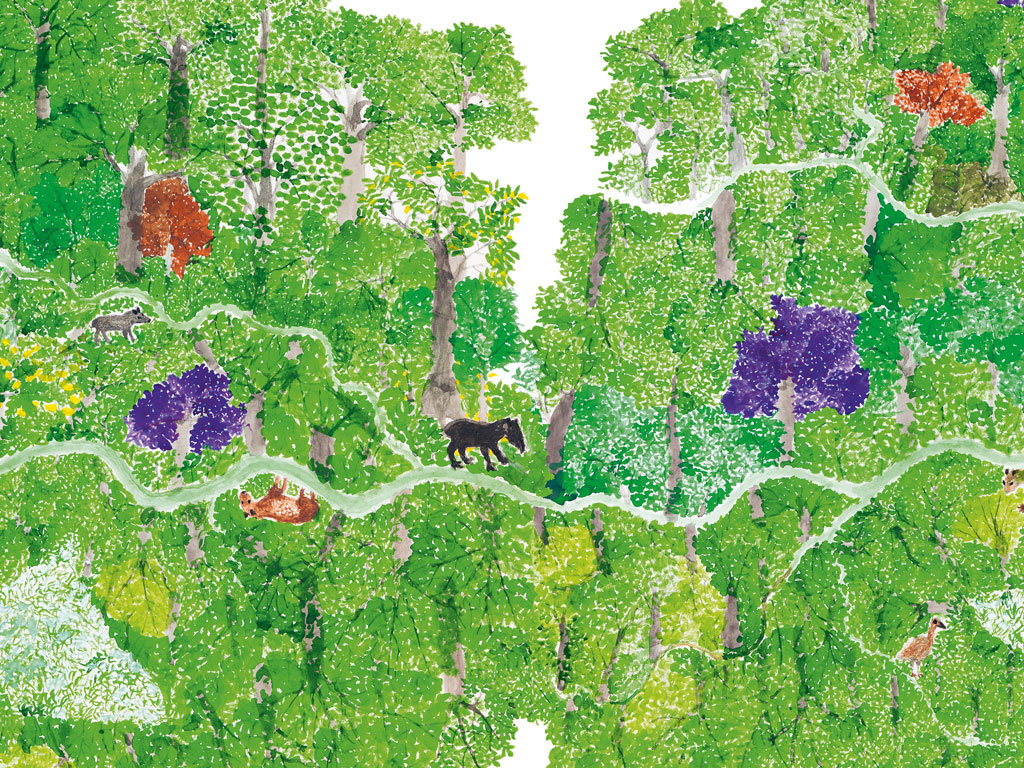 Ausschnitt aus einem Aquarell. Gezeigt wird eine Waldlandschaft mit Laubbäumen, Flüssen und Tieren.