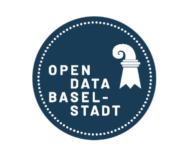 Ein dunkelblaues Siegel mit weissem Text „Open Data Basel-Stadt“ und einem stilisierten Symbol.